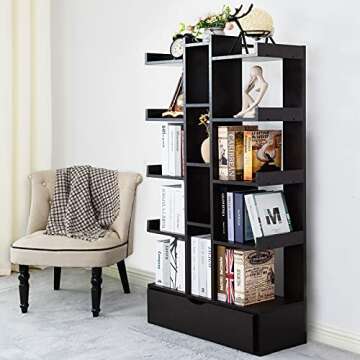 YAHARBO Bookcase with Drawer - 12 Shelves & Stylish Design
