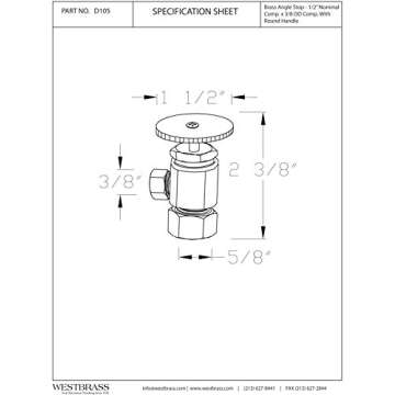 Westbrass D105-62 Round Handle Angle Stop Shut Off Valve, 1/2" Copper Pipe Inlet with 3/8" Compression Outlet, Matte Black