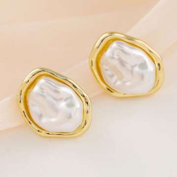 Baroque Pearl Stud Earrings For Women 14k Gold Plated Irregular Pearl Earrings Chunky Big Pearl Earrings Vintage Pearl Statement Earrings Jewelry Gift For Women (Gold A)