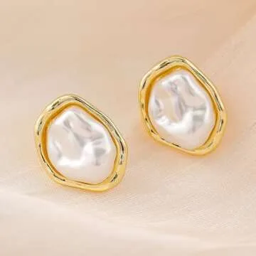 Baroque Pearl Stud Earrings For Women 14k Gold Plated Irregular Pearl Earrings Chunky Big Pearl Earrings Vintage Pearl Statement Earrings Jewelry Gift For Women (Gold A)