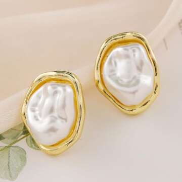 Baroque Pearl Stud Earrings For Women 14k Gold Plated Irregular Pearl Earrings Chunky Big Pearl Earrings Vintage Pearl Statement Earrings Jewelry Gift For Women (Gold A)