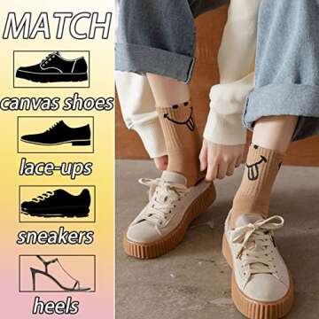 5 Pairs Cute Women Fun Smile Face Ankle Sock Knitted White Novelty Comfy Cotton Girl Dress Funny Cre...