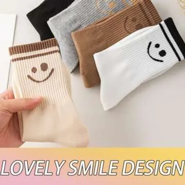 5 Pairs Cute Women Fun Smile Face Ankle Sock Knitted White Novelty Comfy Cotton Girl Dress Funny Crew Sock Aesthetic (5Pack-Smiling 10)