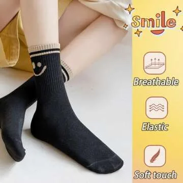5 Pairs Cute Women Fun Smile Face Ankle Sock Knitted White Novelty Comfy Cotton Girl Dress Funny Crew Sock Aesthetic (5Pack-Smiling 10)