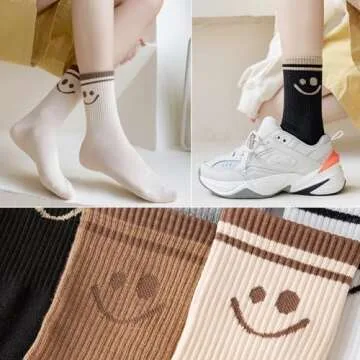 5 Pairs Cute Women Fun Smile Face Ankle Sock Knitted White Novelty Comfy Cotton Girl Dress Funny Crew Sock Aesthetic (5Pack-Smiling 10)