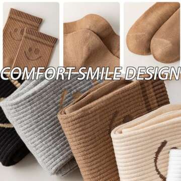 5 Pairs Cute Women Fun Smile Face Ankle Sock Knitted White Novelty Comfy Cotton Girl Dress Funny Crew Sock Aesthetic (5Pack-Smiling 10)