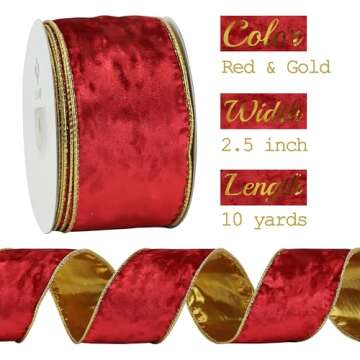 MEEDEE Crushed Red Velvet Ribbon with Gold Back Double Sided Christmas Wired Ribbon 2.5 Inch Velvet Wired Ribbon 10 Yards Red and Gold Ribbon for Christmas Tree, Wreath Supplies, Crafts Bow Making