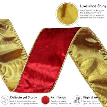 MEEDEE Crushed Red Velvet Ribbon with Gold Back Double Sided Christmas Wired Ribbon 2.5 Inch Velvet Wired Ribbon 10 Yards Red and Gold Ribbon for Christmas Tree, Wreath Supplies, Crafts Bow Making