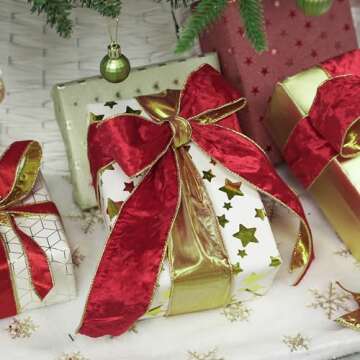 MEEDEE Crushed Red Velvet Ribbon with Gold Back Double Sided Christmas Wired Ribbon 2.5 Inch Velvet Wired Ribbon 10 Yards Red and Gold Ribbon for Christmas Tree, Wreath Supplies, Crafts Bow Making