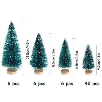60 Pieces Mini Sisal Snow Frost Trees Winter Mini Pine with Wood Base Bottle Brush Trees Plastic Winter Snow Ornaments Tabletop Trees for Christmas Decoration and Display