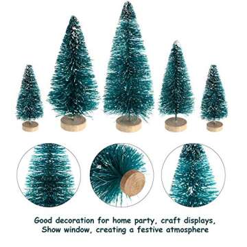 60 Pieces Mini Sisal Snow Frost Trees Winter Mini Pine with Wood Base Bottle Brush Trees Plastic Winter Snow Ornaments Tabletop Trees for Christmas Decoration and Display