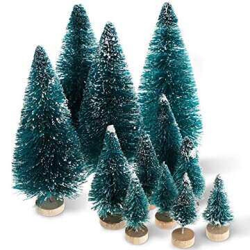 60 Pieces Mini Sisal Snow Frost Trees Winter Mini Pine with Wood Base Bottle Brush Trees Plastic Winter Snow Ornaments Tabletop Trees for Christmas Decoration and Display