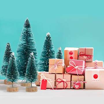 60 Pieces Mini Sisal Snow Frost Trees Winter Mini Pine with Wood Base Bottle Brush Trees Plastic Winter Snow Ornaments Tabletop Trees for Christmas Decoration and Display