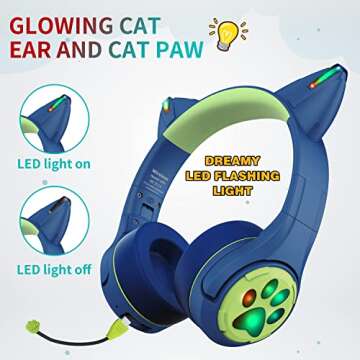Riwbox CF9 Cat Ear Kids Bluetooth Headphones with LED Light Up,Safe 85dB Volume Limit,Built-in Mic&Boom Mic for Calls,Kids Wireless&Wired Headphones for Tablet/Airplane/School/Online Learning(Blue)