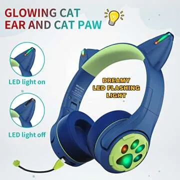Riwbox CF9 Cat Ear Kids Bluetooth Headphones with LED Light Up,Safe 85dB Volume Limit,Built-in Mic&Boom Mic for Calls,Kids Wireless&Wired Headphones for Tablet/Airplane/School/Online Learning(Blue)