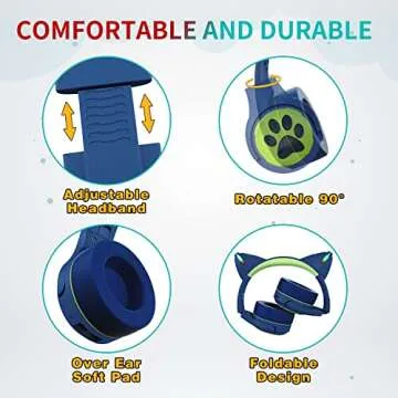 Riwbox CF9 Cat Ear Kids Bluetooth Headphones with LED Light Up,Safe 85dB Volume Limit,Built-in Mic&Boom Mic for Calls,Kids Wireless&Wired Headphones for Tablet/Airplane/School/Online Learning(Blue)