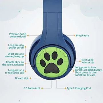 Riwbox CF9 Cat Ear Kids Bluetooth Headphones with LED Light Up,Safe 85dB Volume Limit,Built-in Mic&Boom Mic for Calls,Kids Wireless&Wired Headphones for Tablet/Airplane/School/Online Learning(Blue)