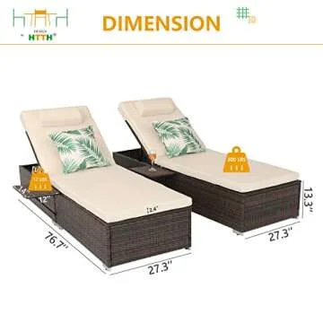 HTTH Outdoor Rattan Chaise Lounge Set with Side Table, 2 Piece Patio Chaise Lounge Set Rattan Reclining Chair Furniture Adjustable Backrest Recliners with Cushions for Garden Beach Pool (Beige)…