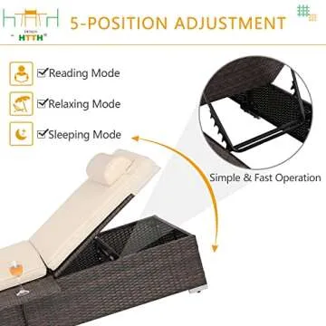 HTTH Outdoor Rattan Chaise Lounge Set with Side Table, 2 Piece Patio Chaise Lounge Set Rattan Reclining Chair Furniture Adjustable Backrest Recliners with Cushions for Garden Beach Pool (Beige)…