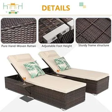 HTTH Outdoor Rattan Chaise Lounge Set with Side Table, 2 Piece Patio Chaise Lounge Set Rattan Reclining Chair Furniture Adjustable Backrest Recliners with Cushions for Garden Beach Pool (Beige)…