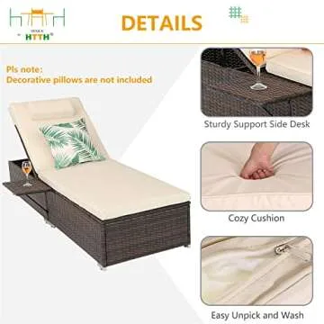 HTTH Outdoor Rattan Chaise Lounge Set with Side Table, 2 Piece Patio Chaise Lounge Set Rattan Reclining Chair Furniture Adjustable Backrest Recliners with Cushions for Garden Beach Pool (Beige)…