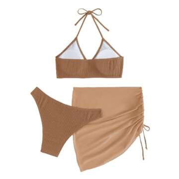 MakeMeChic Women's 3 Piece Bathing Suits Halter Ring Bikini Set with Cover Up Skirt Rust Brown L