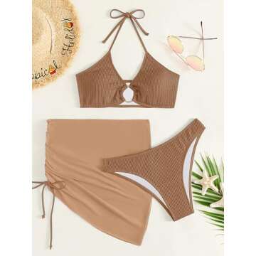 MakeMeChic Women's 3 Piece Bathing Suits Halter Ring Bikini Set with Cover Up Skirt Rust Brown L