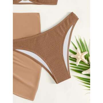 MakeMeChic Women's 3 Piece Bathing Suits Halter Ring Bikini Set with Cover Up Skirt Rust Brown L