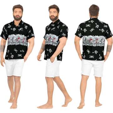 LA LEELA Men's Hawaiian Short Sleeve Button Up Beach Caribbean Shirt Fashion Pirates Cruise Shirts for Men L Skull Crossbones Black