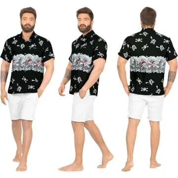 LA LEELA Men's Hawaiian Short Sleeve Button Up Beach Caribbean Shirt Fashion Pirates Cruise Shirts for Men L Skull Crossbones Black