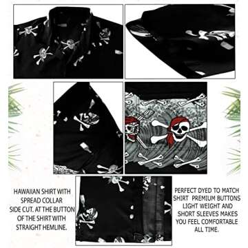 LA LEELA Men's Hawaiian Short Sleeve Button Up Beach Caribbean Shirt Fashion Pirates Cruise Shirts for Men L Skull Crossbones Black