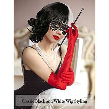 6 Pieces Black and White Wigs Cosplay Costume Set Halloween Party 1920s Accessories Costume for Wome...