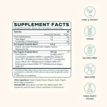 Ora Organic Prebiotic and Probiotic Powder Supplement - 20 Billion Probiotics, 7 Strains for Best Prebiotic Powder, Non-GMO, Probiotics for Women, Men & Kids - Apple Raspberry Flavor, 30 Servings…