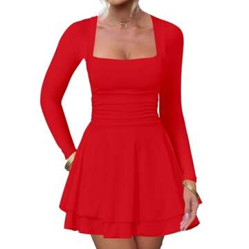 Kaximil Women's Square Neck Ruffle Hem Mini Dress Ruched Waist Long Sleeve Corset Short Party Dresses, X-Large, Red