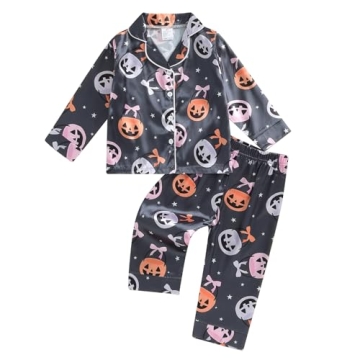 Fsadfeas Kids Baby Girl Halloween Pajamas Toddler Satin Set Pumpkin Boo Button Down Shirt Long Pants...