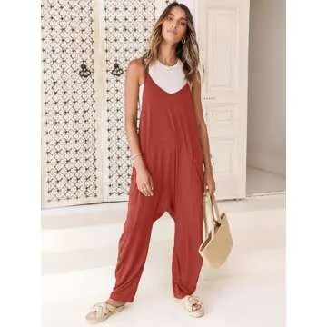 ANRABESS Jumpsuits for Women Casual Summer Overalls Sleeveless Spaghetti Strap Romper Jumpers Trendy Beach Vacation Outfits Orange Rust XX-Large
