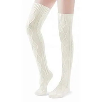 Pcavin Thigh High Socks for Women Cable Knit Over the Knee Boot Socks, Long Warm Leg Warmers Winter(White)