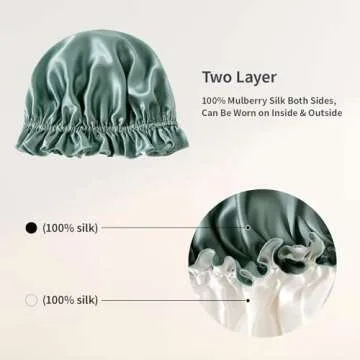 ZIMASILK 100% Mulberry Silk Bonnet for Women Hair Care, Double Layered, Silk Hair Wrap for Sleeping with Elastic Stay On (1Pc, Greyish Green+Ivory)