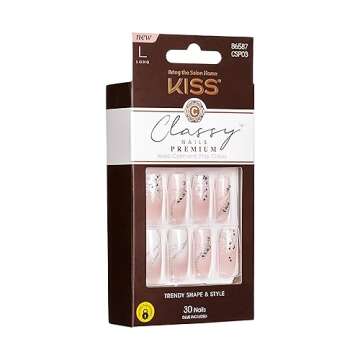 KISS Classy Premium Press On Nails, 'Stunning!', French, Long Length, Square Shape, Includes 30 Fake Nails, 2g Pink Gel Nail Glue, 1 Manicure Stick, 1 Mini File