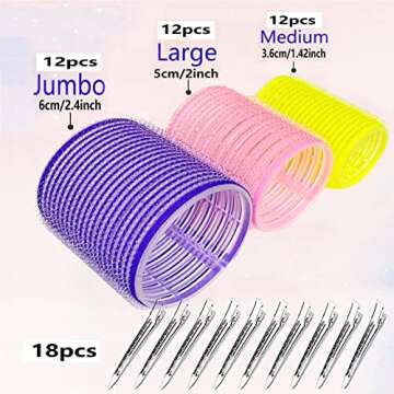 OEIEZ 55 Pcs Hair Rollers Value Pack, Nylon Polyester Hair Rollers for Long Medium Short Hair in Jumbo Large Medium Sizes, Self Grip Hair Curler Set with 18 Metal Clips &1 Comb