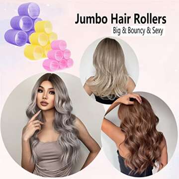OEIEZ 55 Pcs Hair Rollers Value Pack, Nylon Polyester Hair Rollers for Long Medium Short Hair in Jumbo Large Medium Sizes, Self Grip Hair Curler Set with 18 Metal Clips &1 Comb