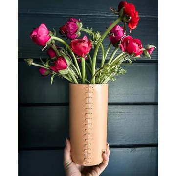 Bisque Terracotta Vase (8”) - Genuine Leather Modern Vases for Home Decor - Unique Vase for Shelf ...