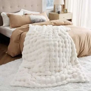 Bedsure Faux Fur Blanket - Soft & Fluffy, Bubble Blanket for Couch, Sofa, Bed - Fuzzy, Cozy, Plush, Thick & Warm for Winter, Christmas Decor Gifts for Women, White, 60x80 inches