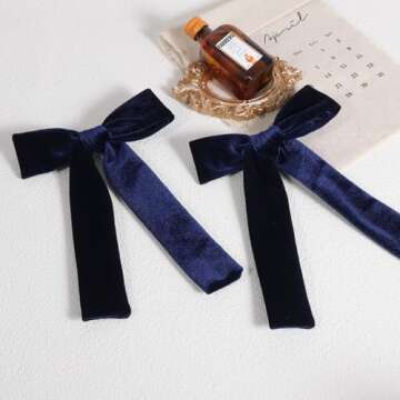 Navy Blue Large Velvet Hair Bows Alligator Clip 5" Soft Velvet Ribbon Ponytail Hair Barrettes with L...