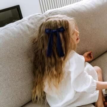 Navy Blue Large Velvet Hair Bows Alligator Clip 5" Soft Velvet Ribbon Ponytail Hair Barrettes with Long Tail Dress Decor Accessories for Toddler Teen Baby Girls School Kids
