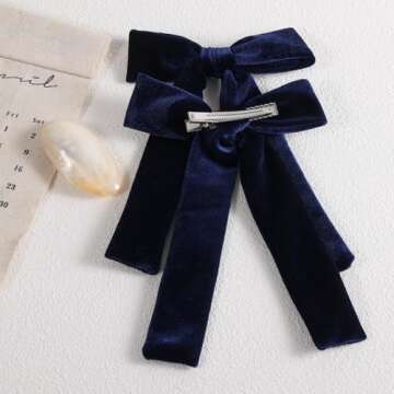 Navy Blue Large Velvet Hair Bows Alligator Clip 5" Soft Velvet Ribbon Ponytail Hair Barrettes with Long Tail Dress Decor Accessories for Toddler Teen Baby Girls School Kids