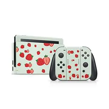 Tacky Design Strawberries Skin Compatible with Nintendo Switch Skin Wrap Cover, Kawaii Green Strawberry Skin for Nintendo Switch Stickers, Premium Vinyl 3M Full Wrap Decal.