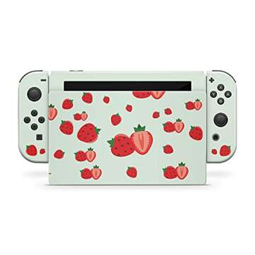 Tacky Design Strawberries Skin Compatible with Nintendo Switch Skin Wrap Cover, Kawaii Green Strawberry Skin for Nintendo Switch Stickers, Premium Vinyl 3M Full Wrap Decal.