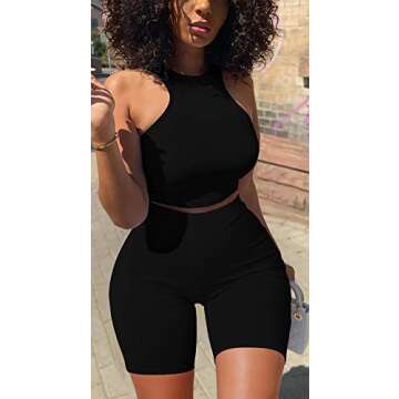 GOBLES Women's Sexy 2 Piece Outfits Sleeveless Crop Top With Shorts Jumpsuits Black