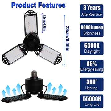 LED Garage Light, 80W 8000 Lumen Ceiling Lights with 3 Adjustable Panels, 6500K Daylight Light Bulb Fixture LED Lights for Garage, Workshop